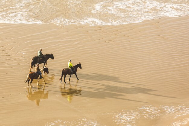 Photo people horse riding on the beach, aerial view