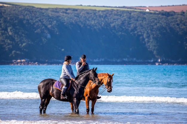 Broad Haven Pembrokeshire에서 해변을 즐기는 사람들과 말