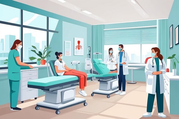 Photo people in hospital medical clinic doctor office flat vector illustration patients visiting doctor physician physiatrist respiratory therapists otolaryngologist medical examination treatment