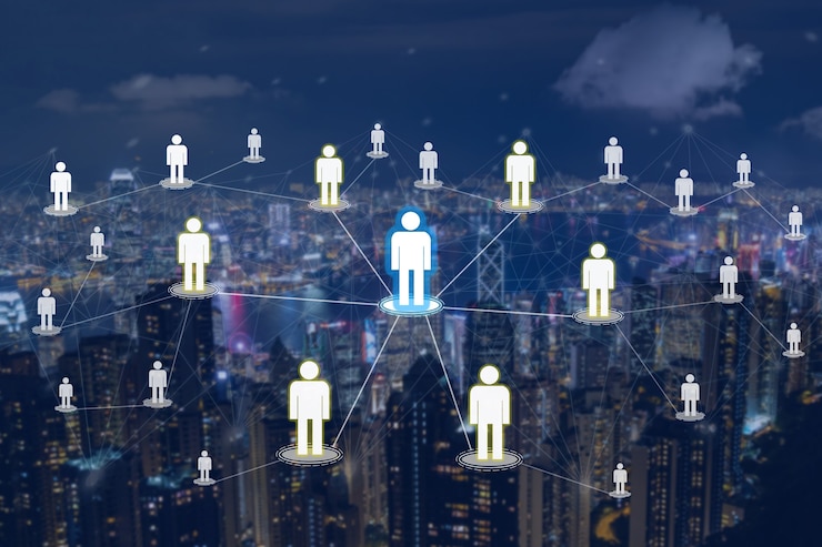 Photo people icons link together with other and city night view in background that represent global networking for technology and business idea.