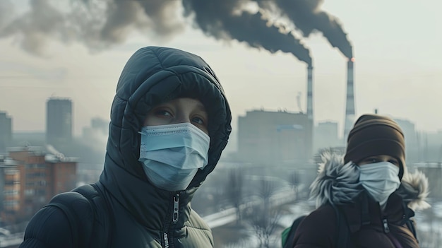 写真 防護マスクをかぶった人々空気汚染工場コンセプトからの都市スモッグ背景コンセプト
