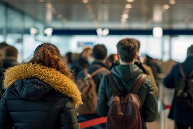 写真 空港で待機列に並んでいる人々