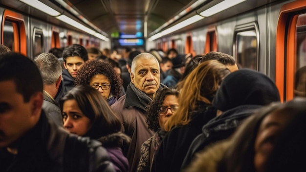 Люди внутри переполненного поезда метро