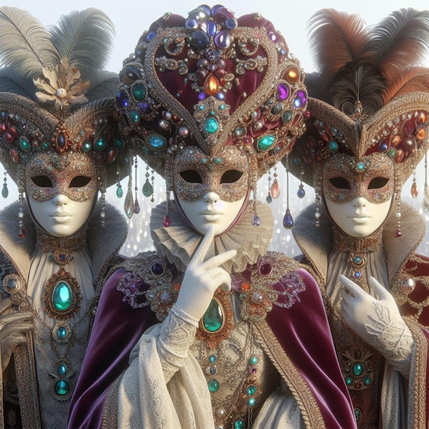 people in an intricate Venetian carnival costume on a white background