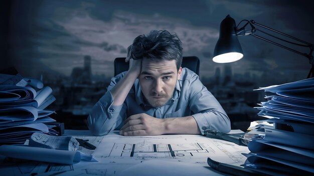 Photo people job tiresome and overwork concept bored sleepy male engineer working on blueprints