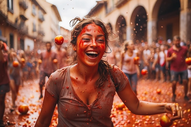 People joyfully throw tomatoes at la tomatina festival selective focus