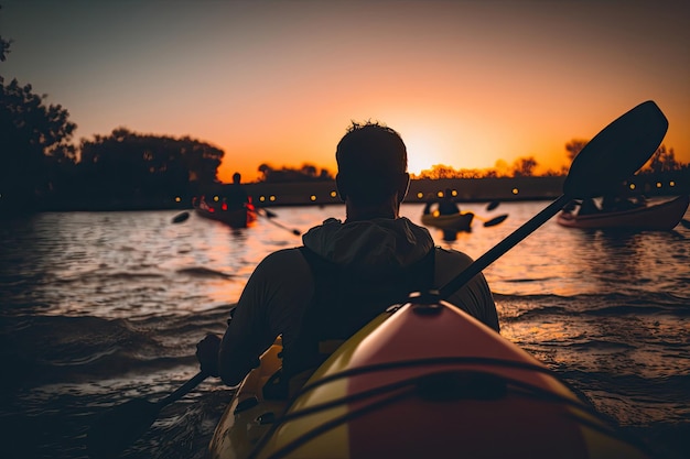 People kayak during sunset Illustration AI Generative