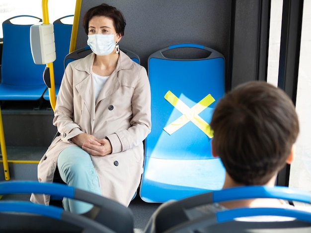 Photo people keeping social distance in bus