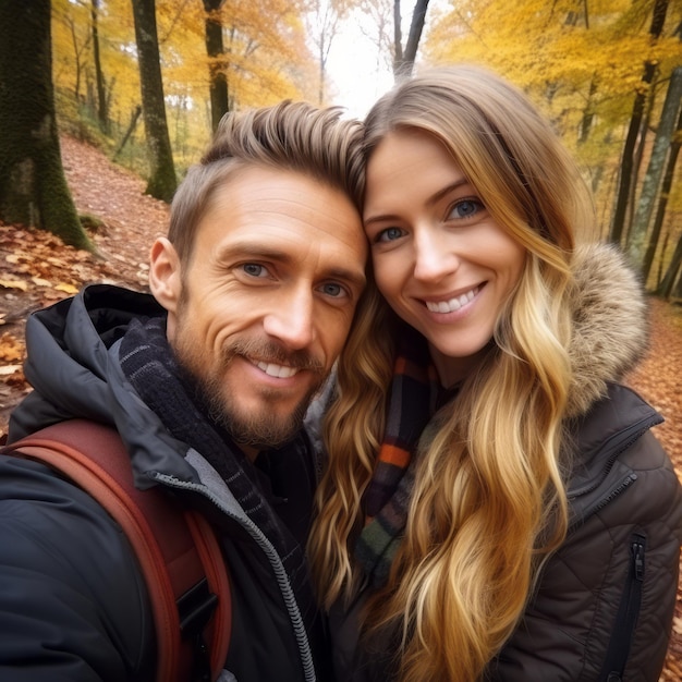 People leisure and technology concept happy young couple taking selfie over autumn park background