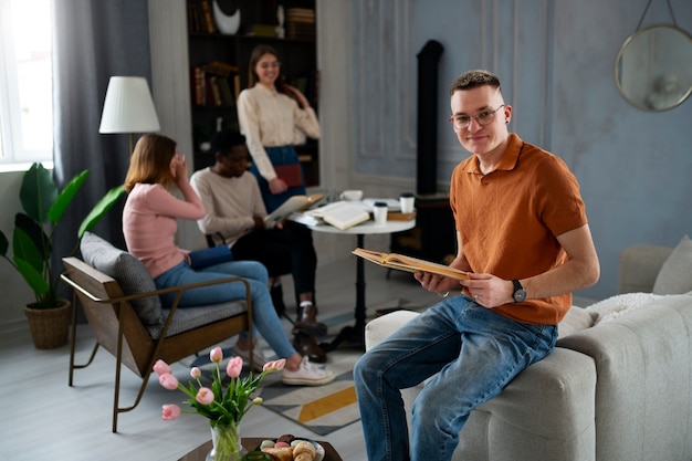 People at the library or reading club learning from books