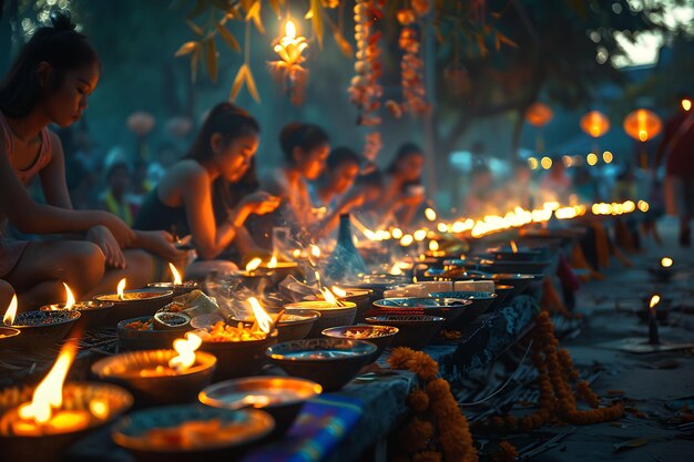 Photo people lighting traditional oil lamps at the lao new year pi neighbor holiday creative background