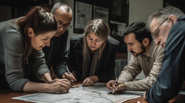 People looking at a blueprint on a table