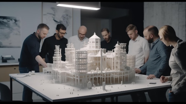 People looking at a model of a building with the word pisa on it