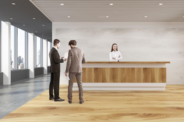 Photo people in a luxury office interior with lots of wood used in its decoration, a panoramic winow and a wooden reception counter near a white wall. front view. 3d rendering mock up