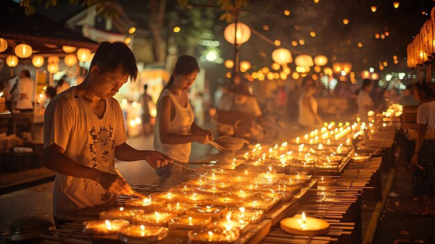 Photo people making traditional lanterns at the yi peng festival i neighbor holiday creative background
