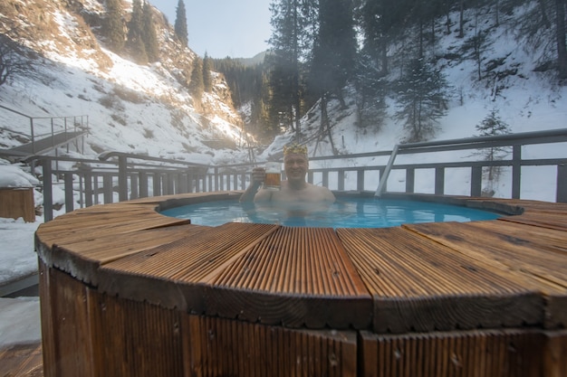 people in a medicinal thermal pool in the mountains