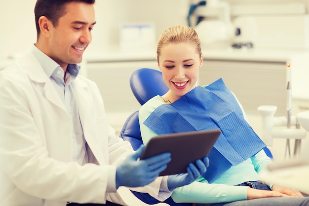 Фото Люди, медицина, стоматология и концепция здравоохранения - счастливый стоматолог-мужчина показывает планшетный компьютер пациентке в офисе стоматологической клиники