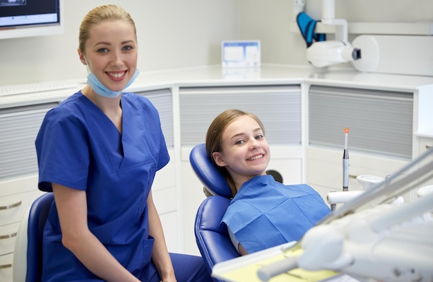 人、医学、口腔病学、ヘルスケアのコンセプト – 歯科医院の患者の女の子と幸せな女性歯科医