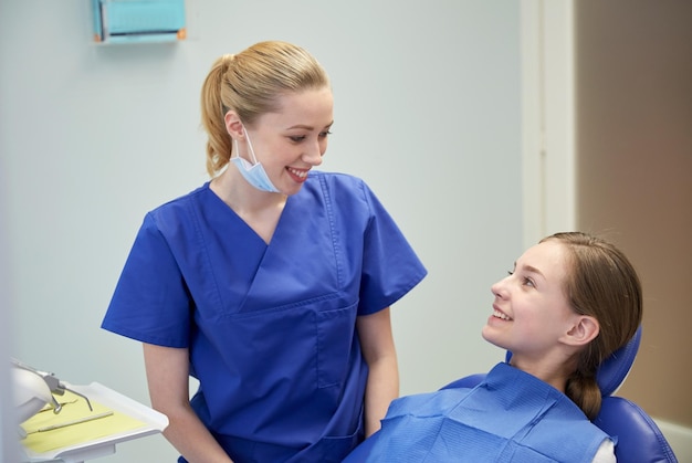 人、医学、口腔病学、ヘルスケアのコンセプト – 歯科医院で患者の女の子と話す幸せな女性歯科医
