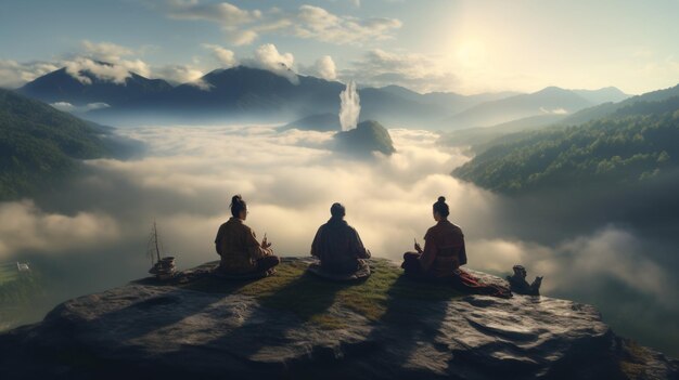 people meditating on the mountain