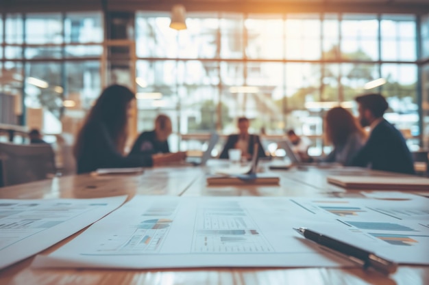 people at a meeting in business office working together documents in the foreground