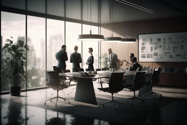 People in a meeting room with a large window that says'office'on it