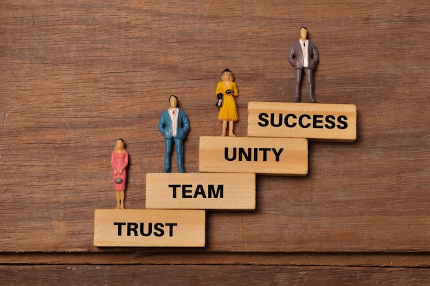 People miniatures standing on wooden blocks written with TRUST TEAM UNITY and SUCCESS