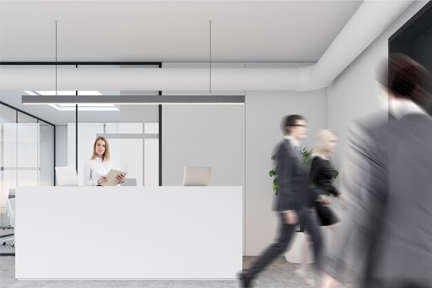 Photo people in a modern office hall with a white reception counter, two laptops standing on it and a tree in a pot in the corner. 3d rendering mock up