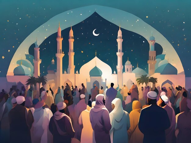 people in a mosque with a moon in the background