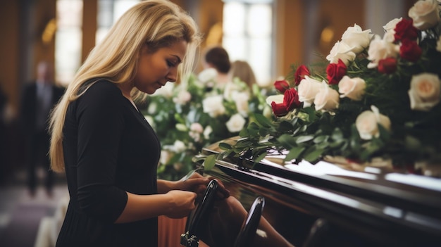 Foto persone e concetto di lutto donna con fiori di rosa e bara al funerale in chiesa