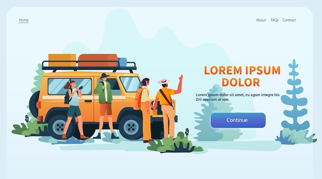 people near travel car on camping adventure tour or holiday forest summer vacation picnic relaxation concept horizontal