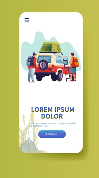 people near travel car on camping adventure tour or holiday forest summer vacation picnic relaxation concept vertical copy space