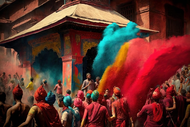 People in Nepal celebrating the holi festival Created with generative AI technology