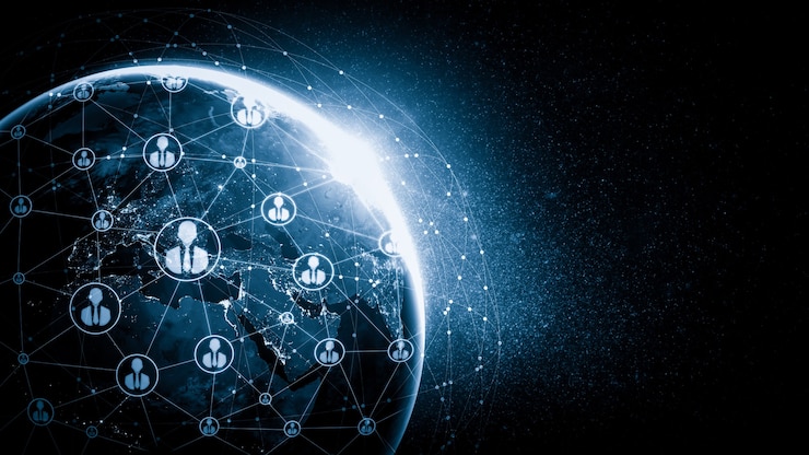 Photo people network and global earth connection in innovative perception