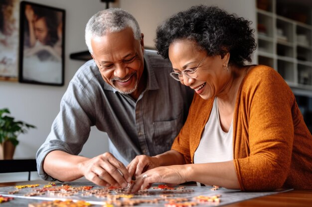 写真 有色人種 poc 混血の中年の黒人男性と女性が一緒に家で時間を楽しむジグソーパズルを組み立てる メンタルヘルス ワークライフ バランス ウェルビーイング コンセプト ai 生成コンテンツ