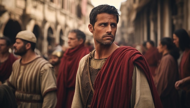 写真 古代ローマの人々 の肖像画 通りの背景にローマの人々