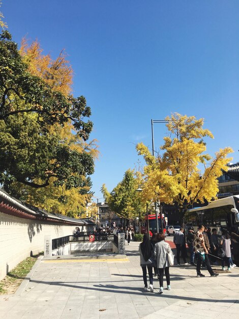 사진 은 하늘을 배경으로 도시의 거리에서 사람들이