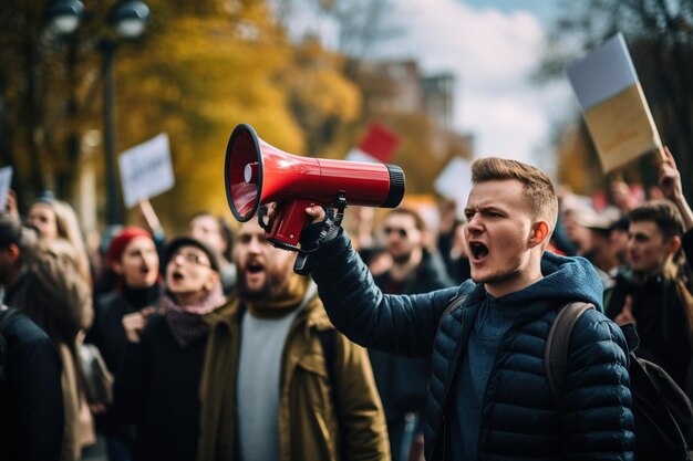 Фото Люди в забастовке протестуют с мегафоном