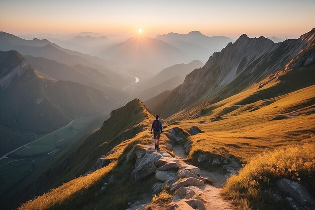 People open arm hiker hiking nature and mountains with Sunset light