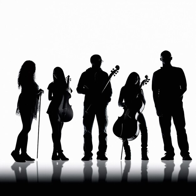 People orchestra and silhouette illustration of band with musical instruments and ai generated song