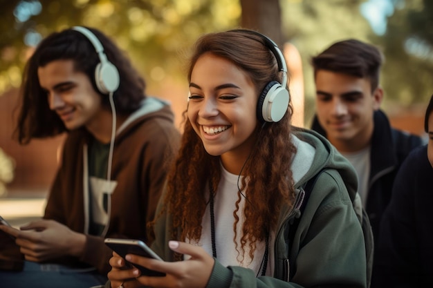 Фото Люди на открытом воздухе музыка общение прослушивание веселая улыбающаяся молодая наушники дружба смартфон сидячая технология