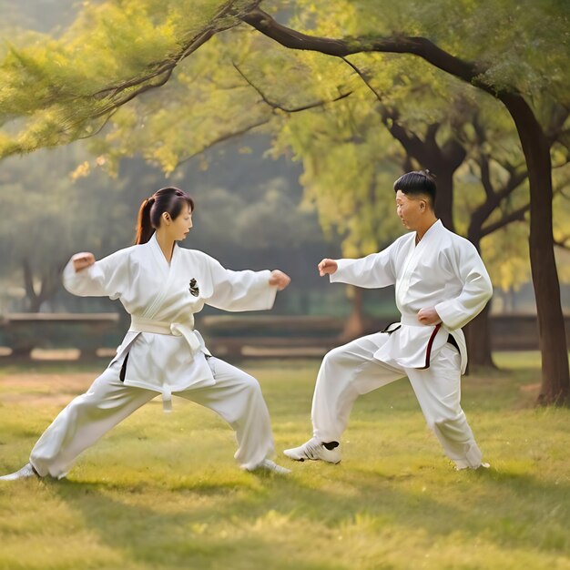 Foto persone all'aperto in natura che si allenano per il taekwondo