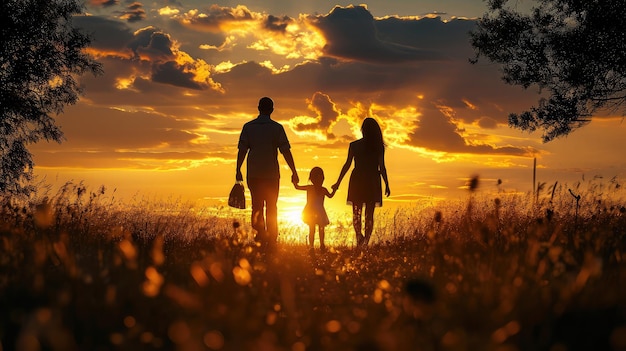 people in the park happy family walking silhouette at sunset mom dad and daughters walk holding hands in park happy family childhood dream concept