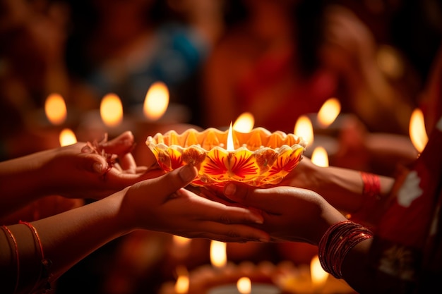 people participating in a collective diya lighting ceremony during Diwali