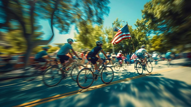 Photo people participating in a neighborhood bike parade on memori neighbor holiday creative background