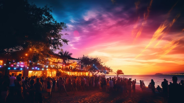 Люди празднуют на пляже при заходе солнца