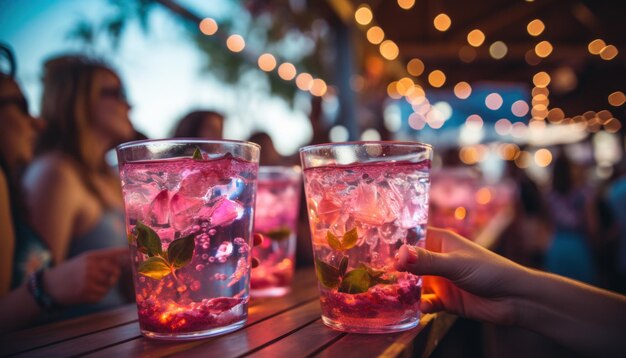 Foto persone in una festa che bevono bicchieri di sangria sullo sfondo con luci colorate