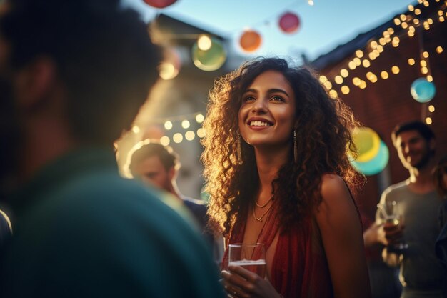 People in a party outside on the balcony with lights and dancing with Generative AI