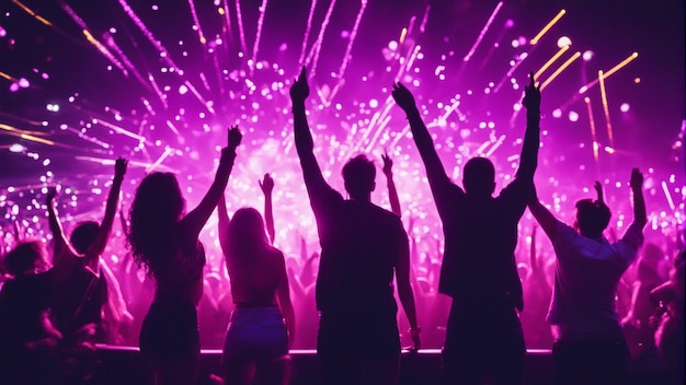 Foto persone a una festa con fuochi d'artificio dietro di loro