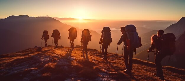 山頂に登っている人々がチームワークを手伝っています